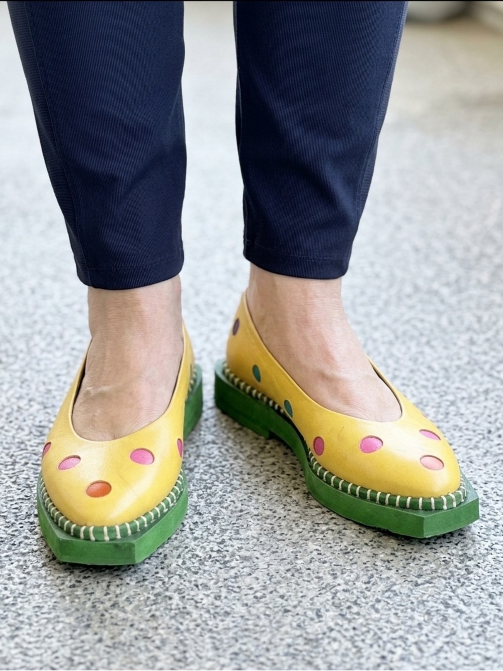 Vintage & Unique Nordstrom Yellow Polka Dot Leather Platform Flats Italy